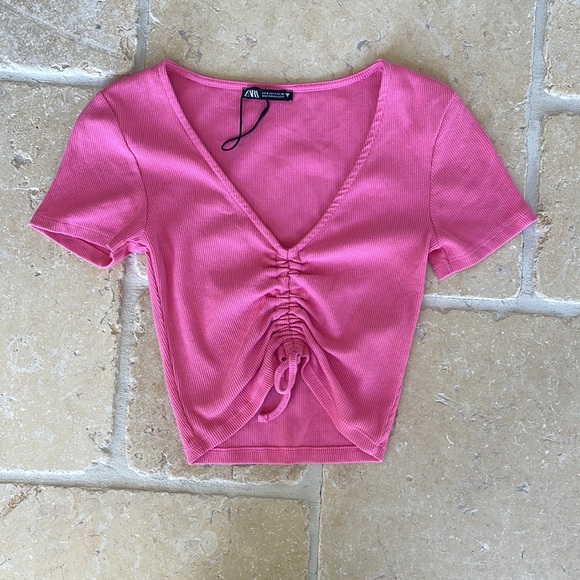 Zara Ribbed Draw-String Crop Tee Size S - Picture 8 of 9